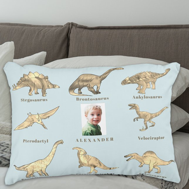 Dinosaur Boys Personalised Name and Photo Blue Decorative Cushion (Boys dinosaur personalized photo blue pillow educational dinos with their names spelling fun design)
