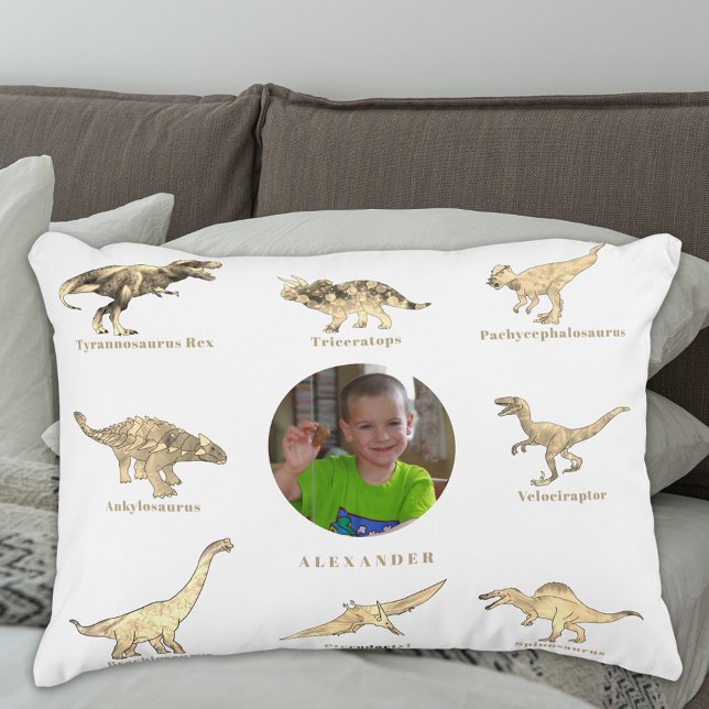 Dinosaur Boys Personalised Name and Photo Decorative Cushion (Personalised dinosaur boys photo and name pillow Beige brown and white)