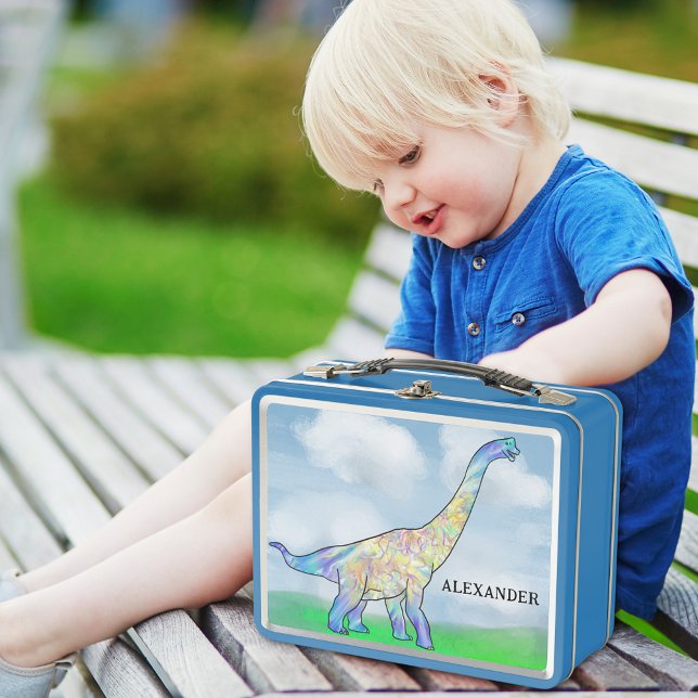 Dinosaur Brachiosaurus add Name Metal Lunch Box (Colorful dinosaur custom name blue lunchbox ideal for kindergarten or school)