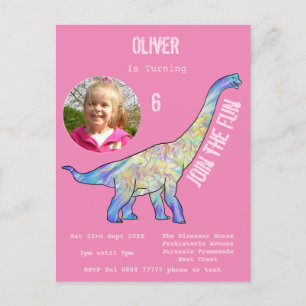 Dinosaur Brachiosaurus Girls Birthday Pink Photo Invitation Postcard