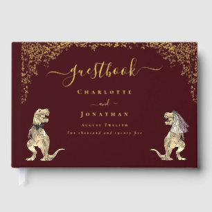 Dinosaur Bride and Groom Burgundy Wedding Gold Guest Book