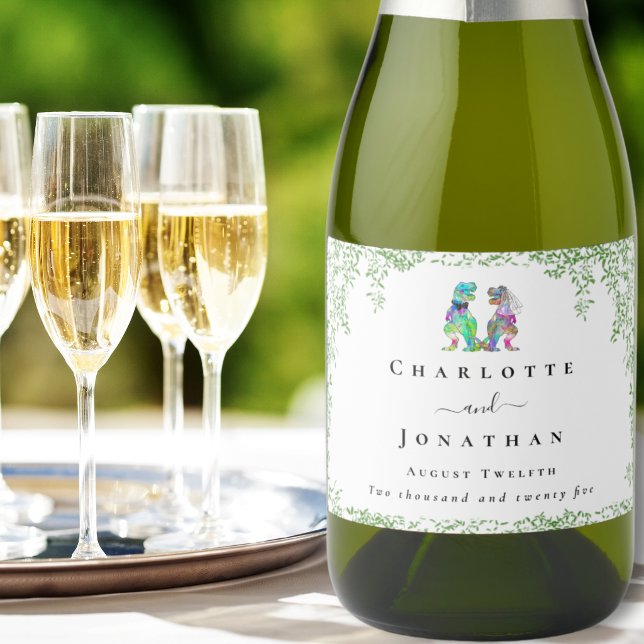 Dinosaur Bride and Groom Custom Wedding Sparkling Wine Label (Dinosaur themed wedding T-Rex bride and groom custom sparkling wine labels watercolor foliage )