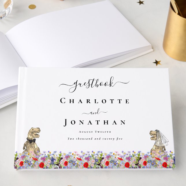 Dinosaur Bride and Groom Custom Wildflower Wedding Guest Book (Funny Dinosaur bride and groom custom wildflower wedding guestbook Watercolor florals T-Rex dino)