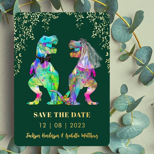Dinosaur Bride and Groom Weddding Green Gold (Colorful Dinosaur T-Rex bride and groom wedding save the date green and gold foil invitation )