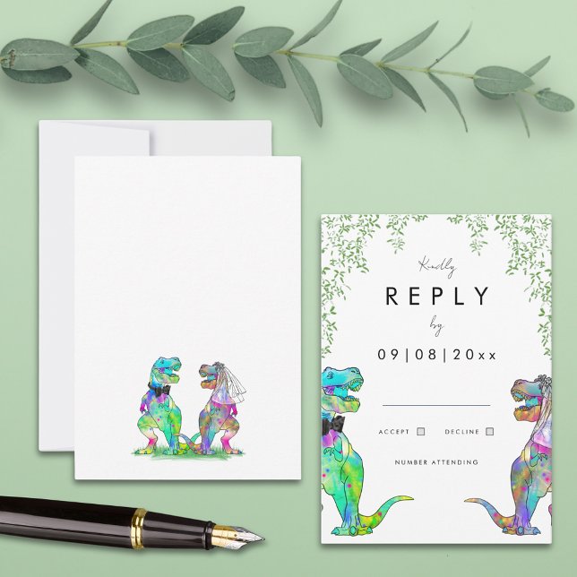 Dinosaur Bride and Groom Wedding Reply RSVP Card (Botanical dinosaur wedding invitation reply enclosure card with eucalyptus foliage colorful T-Rex)