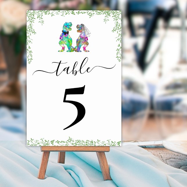 Dinosaur Bride and Groom Wedding Table Number (Funny T-Rex bride and groom custom dinosaur wedding table number card watercolor Jurassic foliage )