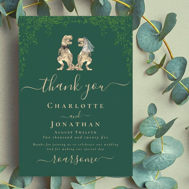 Dinosaur Bride and Groom Wedding Thank You Card (Dinosaur wedding dark green custom thank you card Eucalyptus foliage T-Rex dino bride and groom )