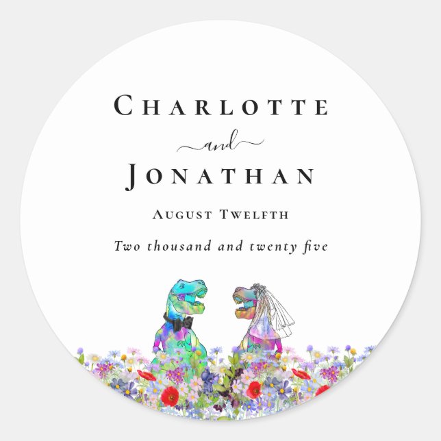 Dinosaur Bride & Groom Custom Boho Floral Wedding Classic Round Sticker (Front)