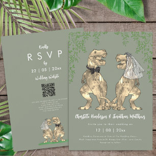 Dinosaur Bride & Groom Sage Green Wedding QR Code Invitation