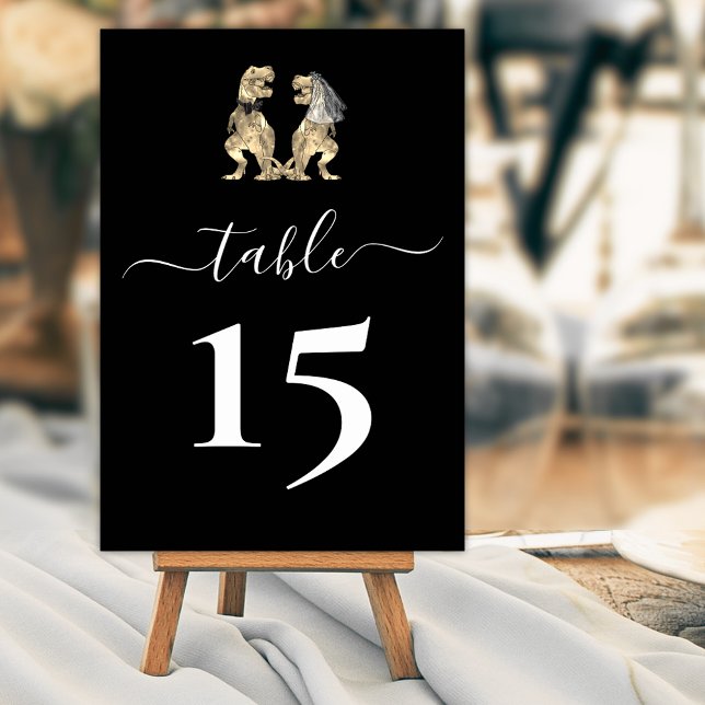 Dinosaur Bride & Groom Wedding Black and White Table Number (Dinosaur bride & groom Jurassic wedding black & white custom table number card elegant modern script)