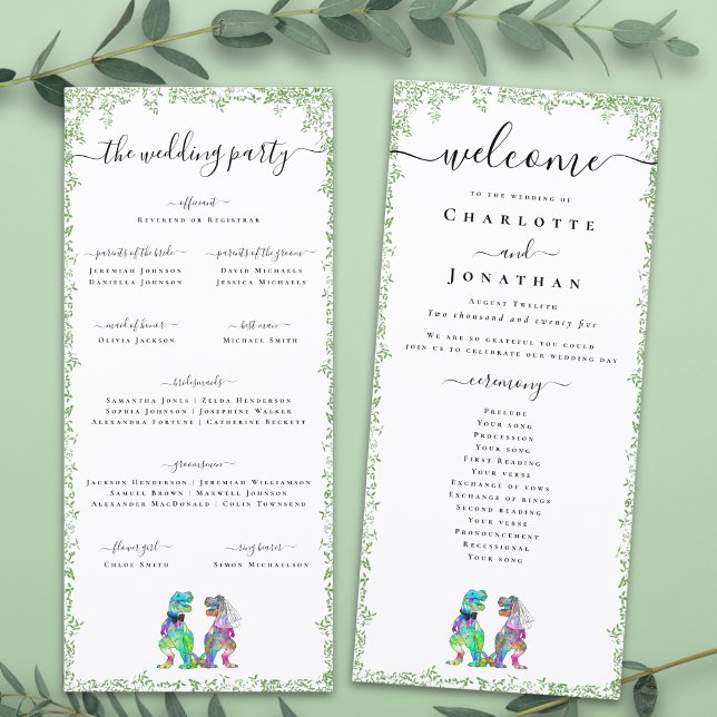 Dinosaur Bride & Groom Wedding Ceremony Program (T-Rex bride and groom funny dinosaur wedding ceremony program card watercolor foliage colorful dino)