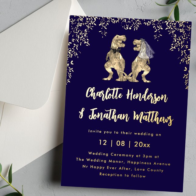 Dinosaur Bride & Groom Wedding Navy Blue & Gold (Dinosaur T-Rex bride and groom navy blue and gold foil wedding invitation Eucalyptus foliage)