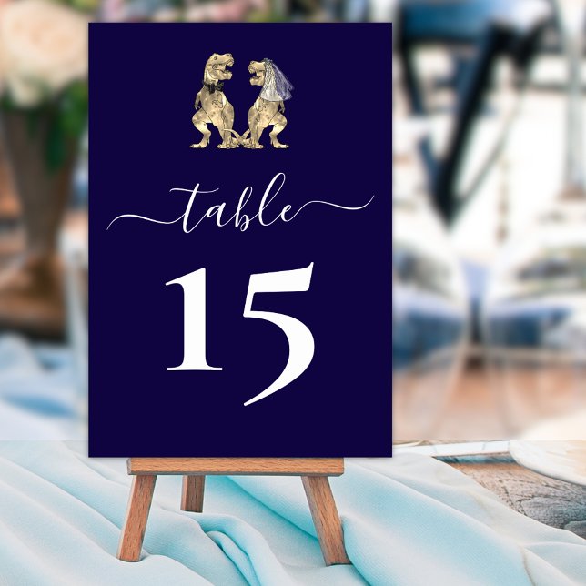 Dinosaur Bride & Groom Wedding Navy Blue Table Number (Dinosaur wedding navy blue & white custom table number card Elegant script T-Rex bride & groom)