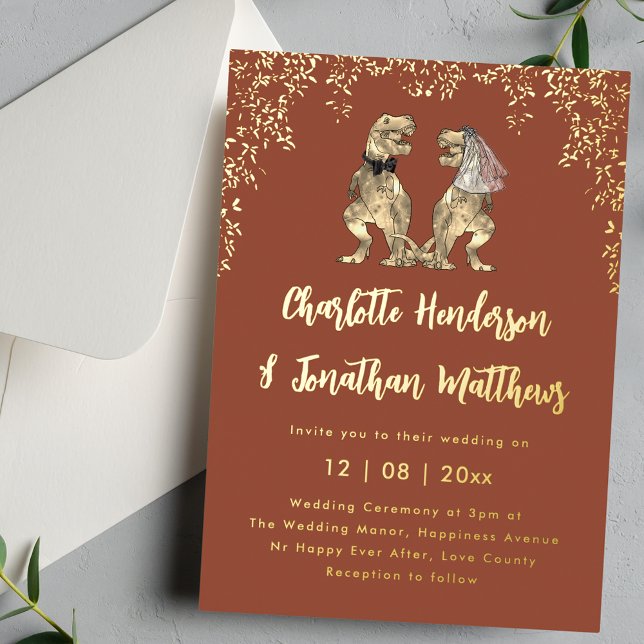 Dinosaur Bride & Groom Wedding Terracotta & Gold (Dinosaur T-Rex bride and groom terracotta brown rust and gold foil wedding invitation )