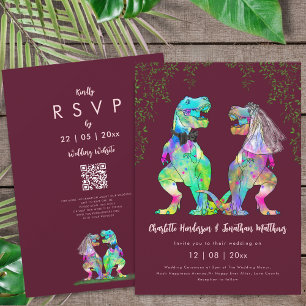 Dinosaur Burgundy Blush Pink Wedding QR Code Invitation
