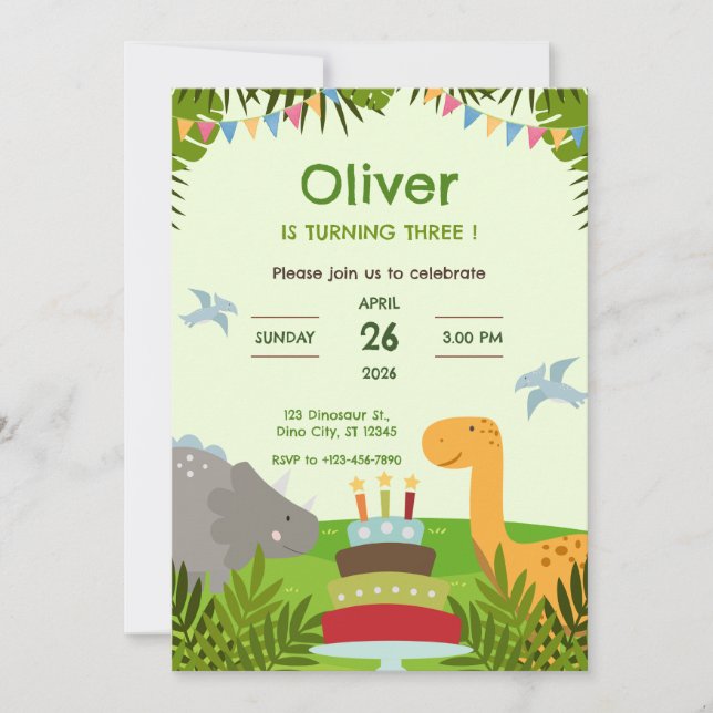 Dinosaur Cake Birthday Party Invitation (Front)