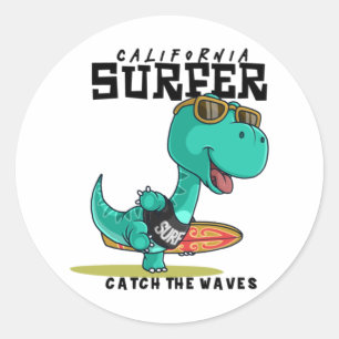 Dinosaur carrying a surfboard classic round sticker