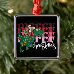 Dinosaur carrying Santa Claus Christmas Metal Ornament