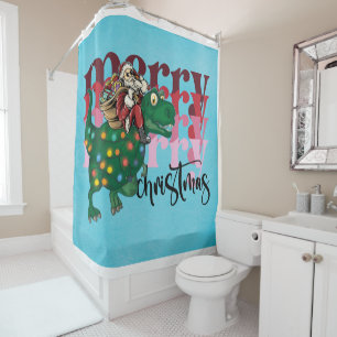 Dinosaur carrying Santa Claus Christmas Shower Curtain