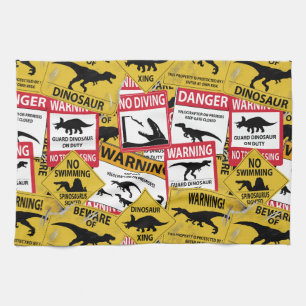 Dinosaur Caution Signs Tea Towel