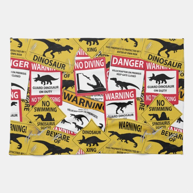 Dinosaur Caution Signs Tea Towel (Horizontal)