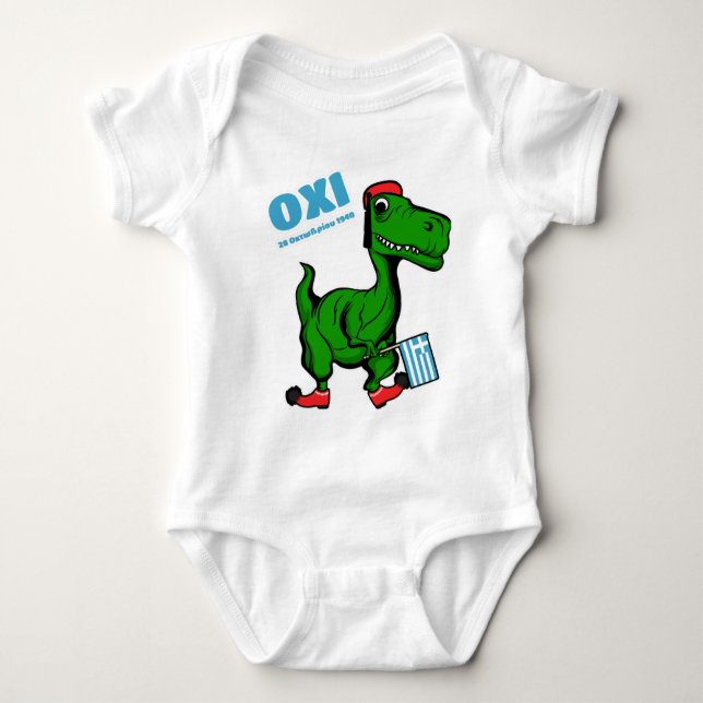 Dinosaur celebrating 'Ohi Day' dressed as Tsolias  Baby Bodysuit (Front)