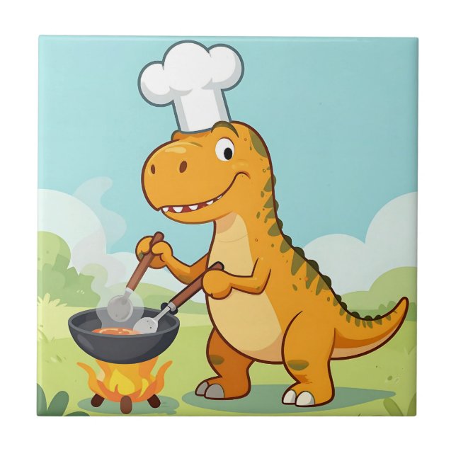 Dinosaur Chef Cooking Funny Ceramic Tile (Front)