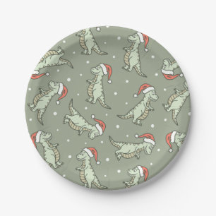 Dinosaur Christmas Boy Santa Claus Dino T-Rex Sage Paper Plate