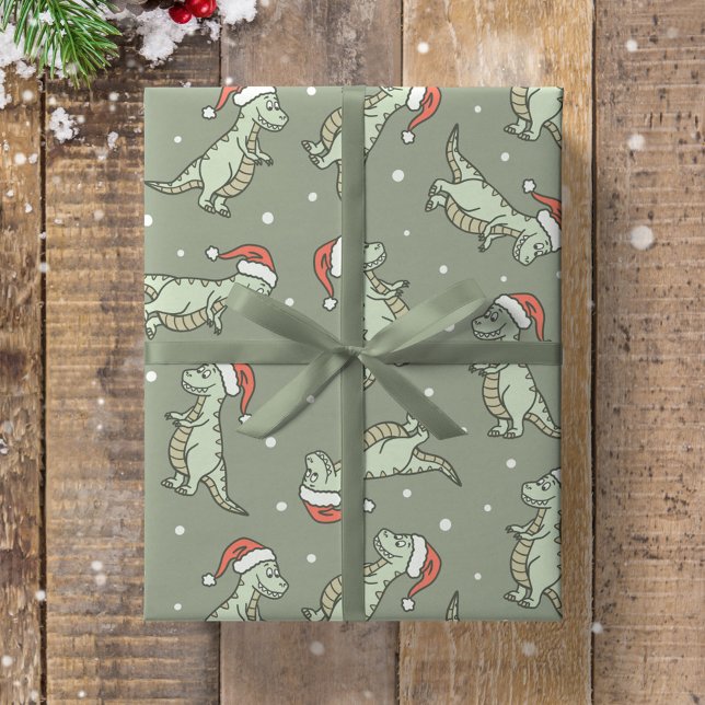 Dinosaur Christmas Boy Santa Claus Dino T-Rex Sage Wrapping Paper (Creator Uploaded)