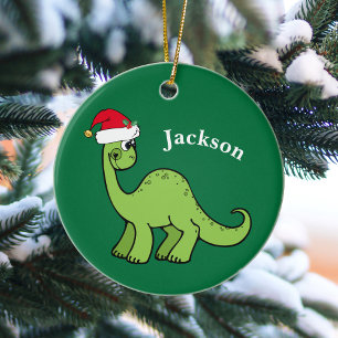 Dinosaur Christmas Cute Custom Kids Green Ceramic Ornament