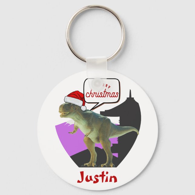 dinosaur christmas gift, personalised name  key ring (Front)