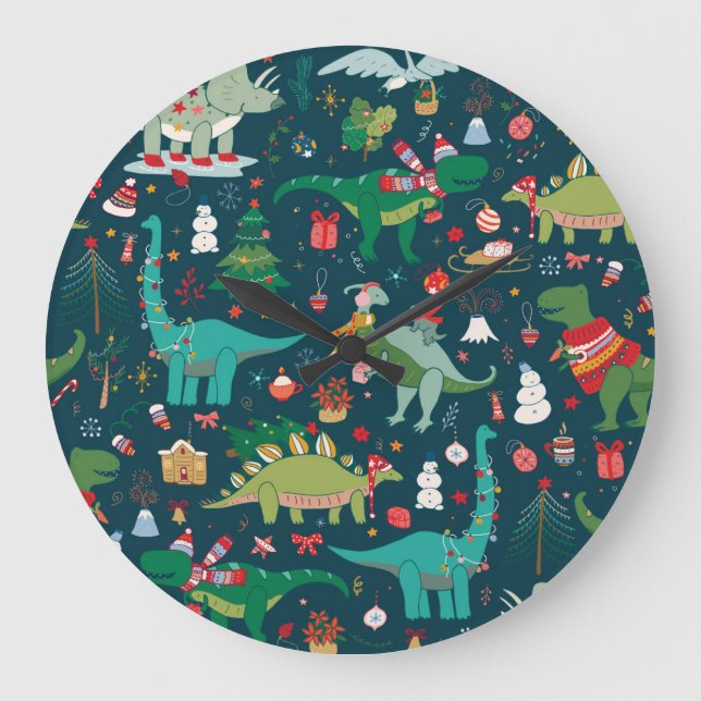 Dinosaur Christmas: Happy New Year Large Clock (Front)