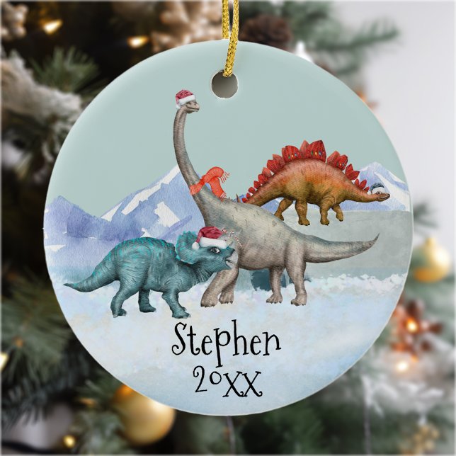 Dinosaur Christmas Jurassic Watercolor Name  Ceramic Ornament (Creator Uploaded)