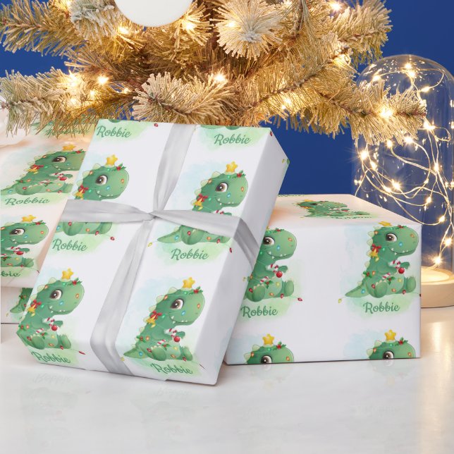 Dinosaur & Christmas Lights Baby Boy Christmas Wrapping Paper (Holidays)