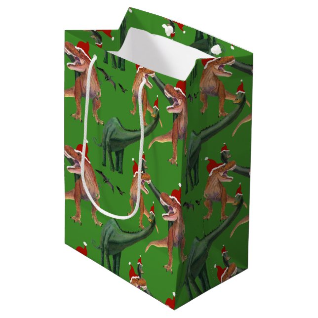Dinosaur Christmas Medium Gift Bag (Front Angled)