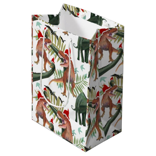 Dinosaur Christmas Medium Gift Bag (Front Angled)