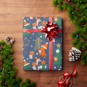 Dinosaur Christmas Party Blue Wrapping Paper