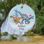 Dinosaur Christmas Raptor Watercolor Name Ceramic Ornament<br><div class="desc">This design may be personalised in the area provided by changing the photo and/or text. Or it can be customised by clicking Personalise this Template and then choosing the click to customise further option and delete or change the colour of the background, add text, change the text colour or style,...</div>