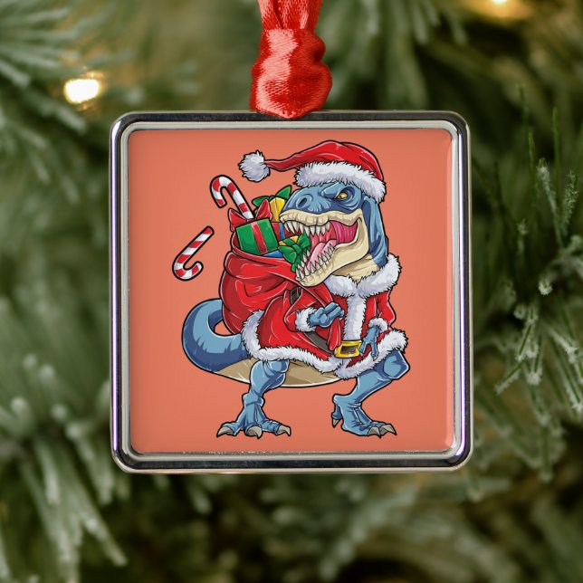 Dinosaur Christmas Santa Claus T rex Boys Men Metal Ornament (Tree)