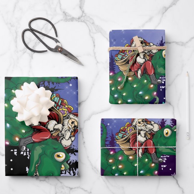 Dinosaur Christmas Santa Claus Wrapping Paper Sheet (Front)