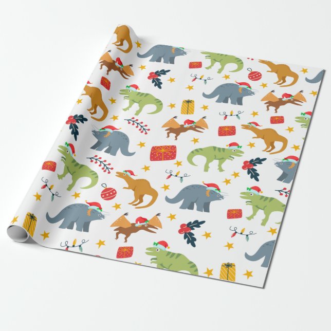 Dinosaur Christmas Santa Hat Pattern, White Wrapping Paper (Unrolled)