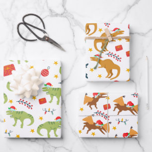 Dinosaur Christmas Santa Hat Pattern, White Wrapping Paper Sheet