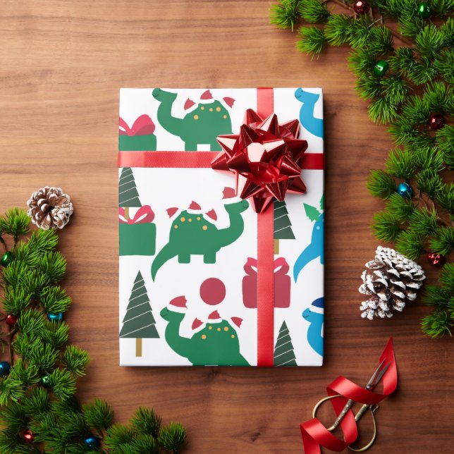 Dinosaur Christmas Santa Hat Pattern Wrapping Paper (Holiday Gift)