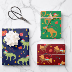 Dinosaur Christmas Santa Hat Pattern Wrapping Paper Sheet