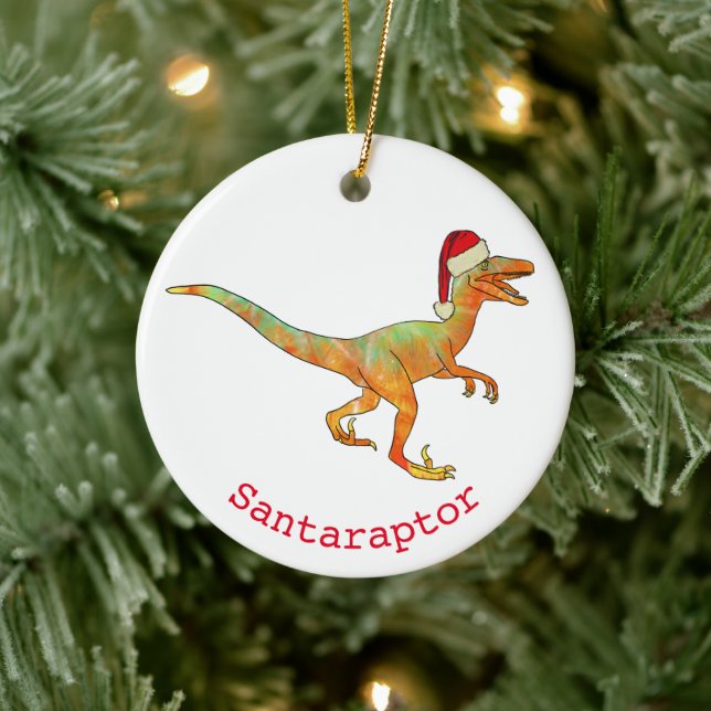 Dinosaur christmas santa raptor ceramic ornament (Tree)