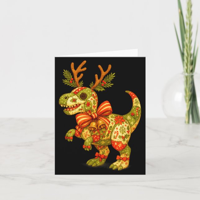 Dinosaur Christmas Season Patchwork T-rex Squad Fa Card (Front)
