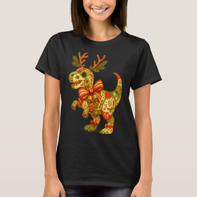 Dinosaur Christmas Season Patchwork T-rex Squad Fa T-Shirt (Front)