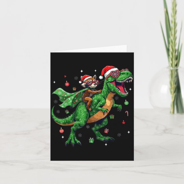 Dinosaur Christmas T Rex Raccoon Santa Holiday  Card (Front)
