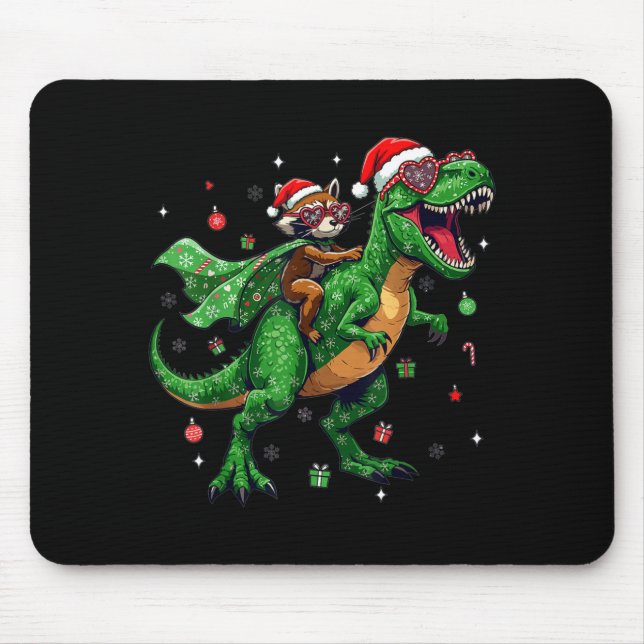 Dinosaur Christmas T Rex Raccoon Santa Holiday  Mouse Pad (Front)