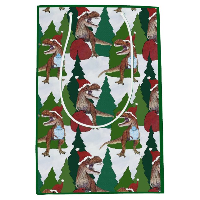 Dinosaur Christmas T-Rex Santa Medium Gift Bag (Front)